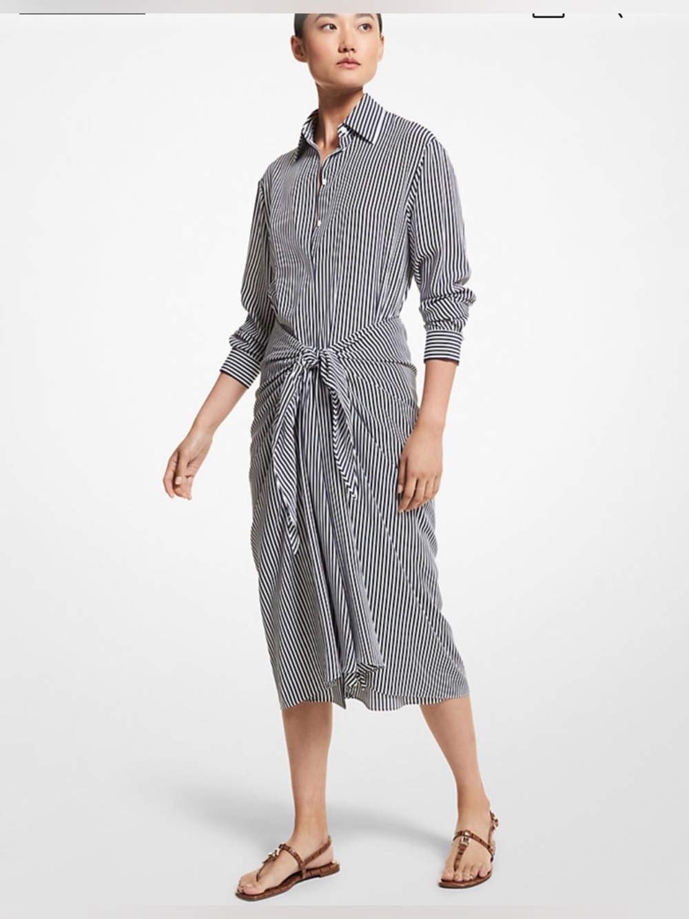 Michael Kors Collection Silk Stripe Sarong Tie Dress - Midnight & White - size 8